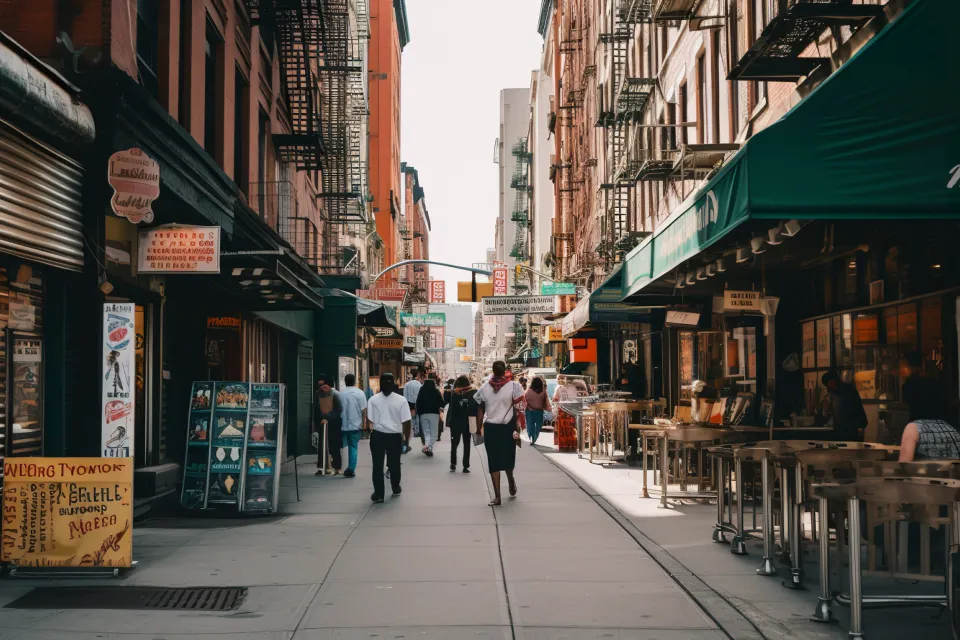 View of New York City alleyway with outdoor restaurant seating and people walking between brick apartment buildings with fire escapes